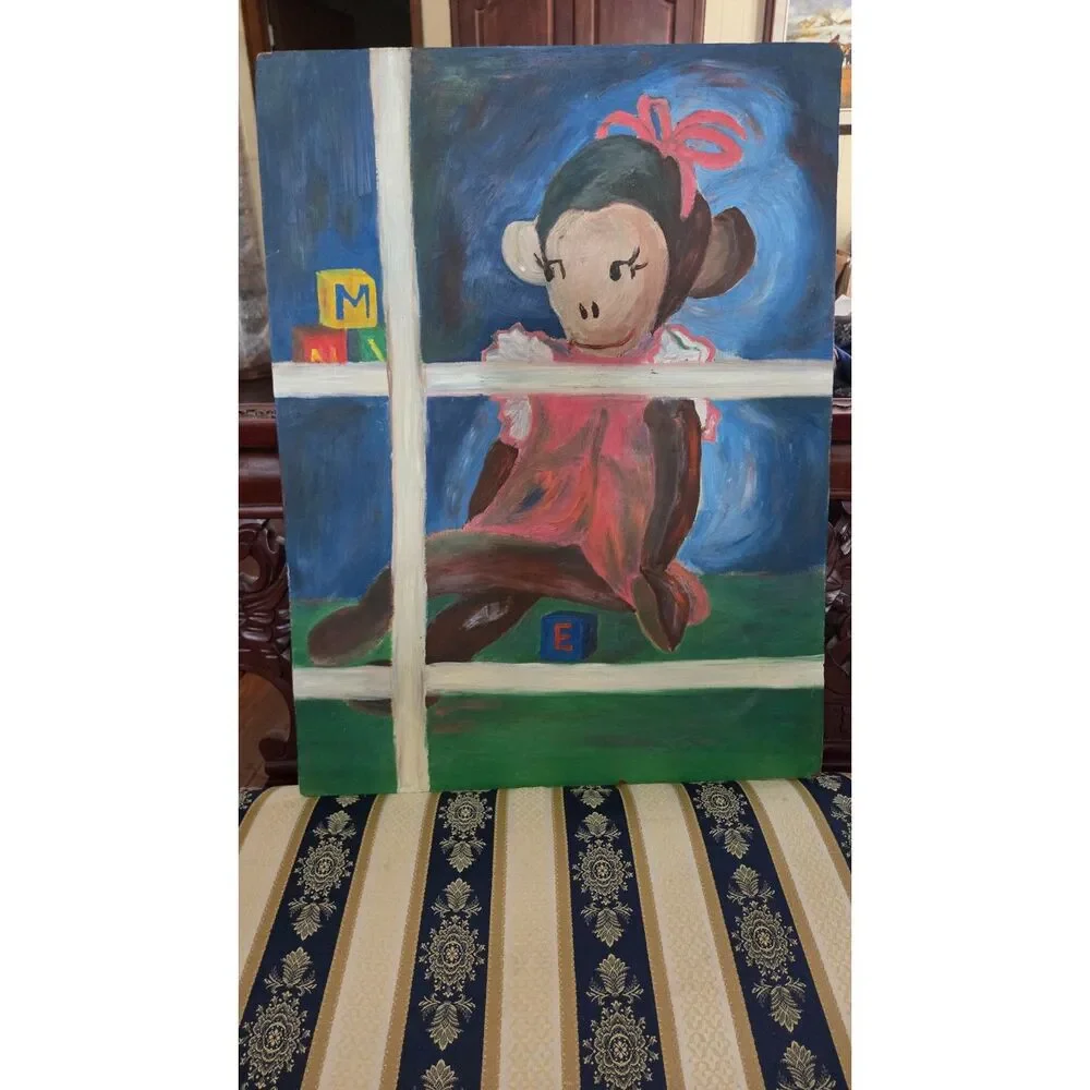Vintage Style Whimsical Girl Monkey Nursery Folk Art Painting Original Canvas